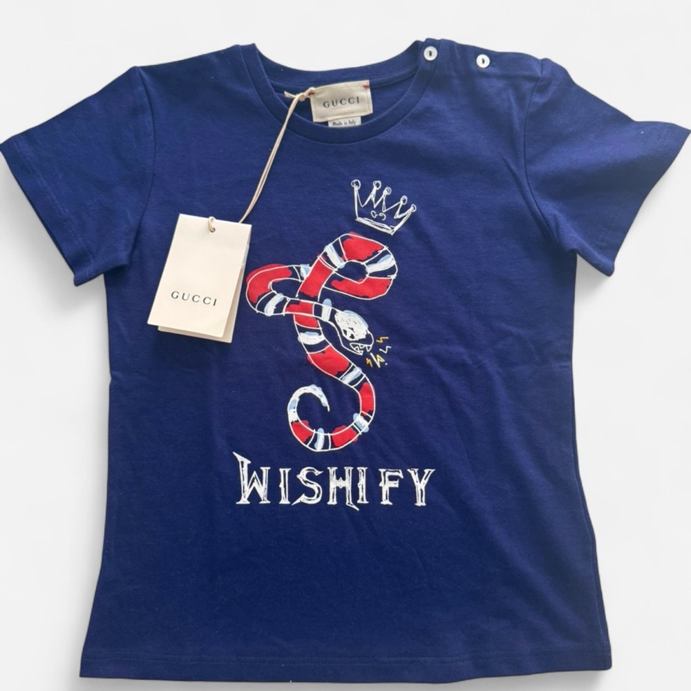 Gucci Navy Blue Kids Tee with Red & White Snake Graphic